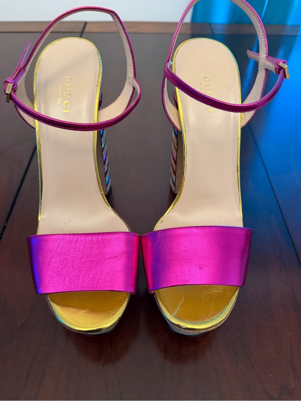 Gucci Metallic Fuchsia and Gold Platform Ankle-Strap Heels